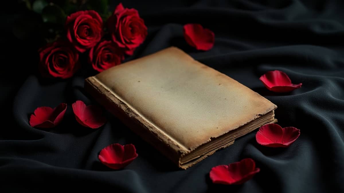 A worn paperback lying beside dark red roses on black cloth
