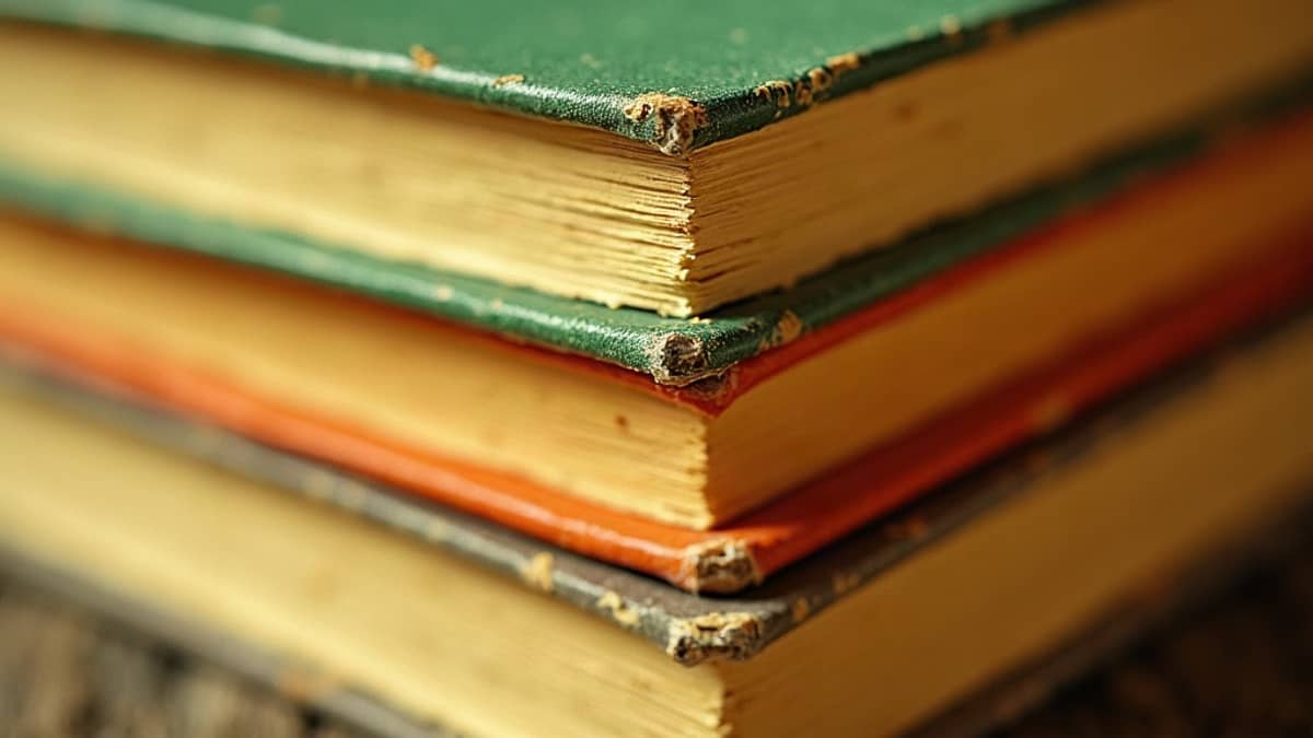 Close-up of the yellowed page edges of stacked paperbacks in avocado and burnt orange