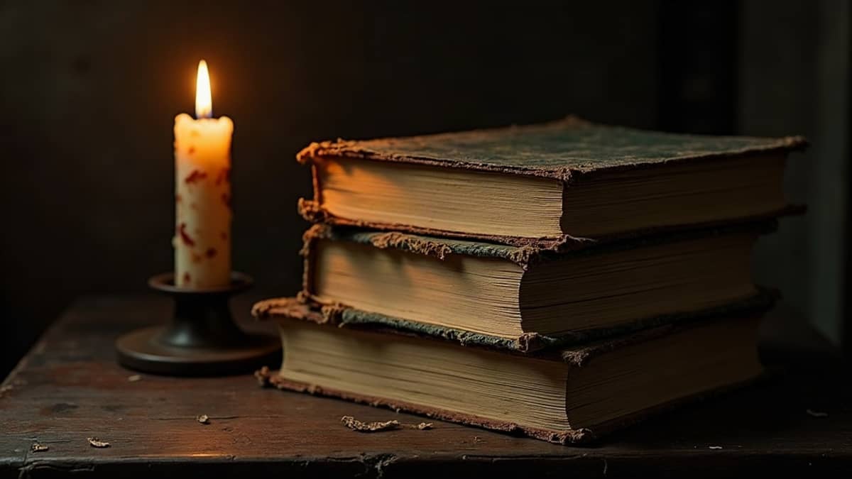 Battered paperbacks stuffed with page markers beside a guttering candle
