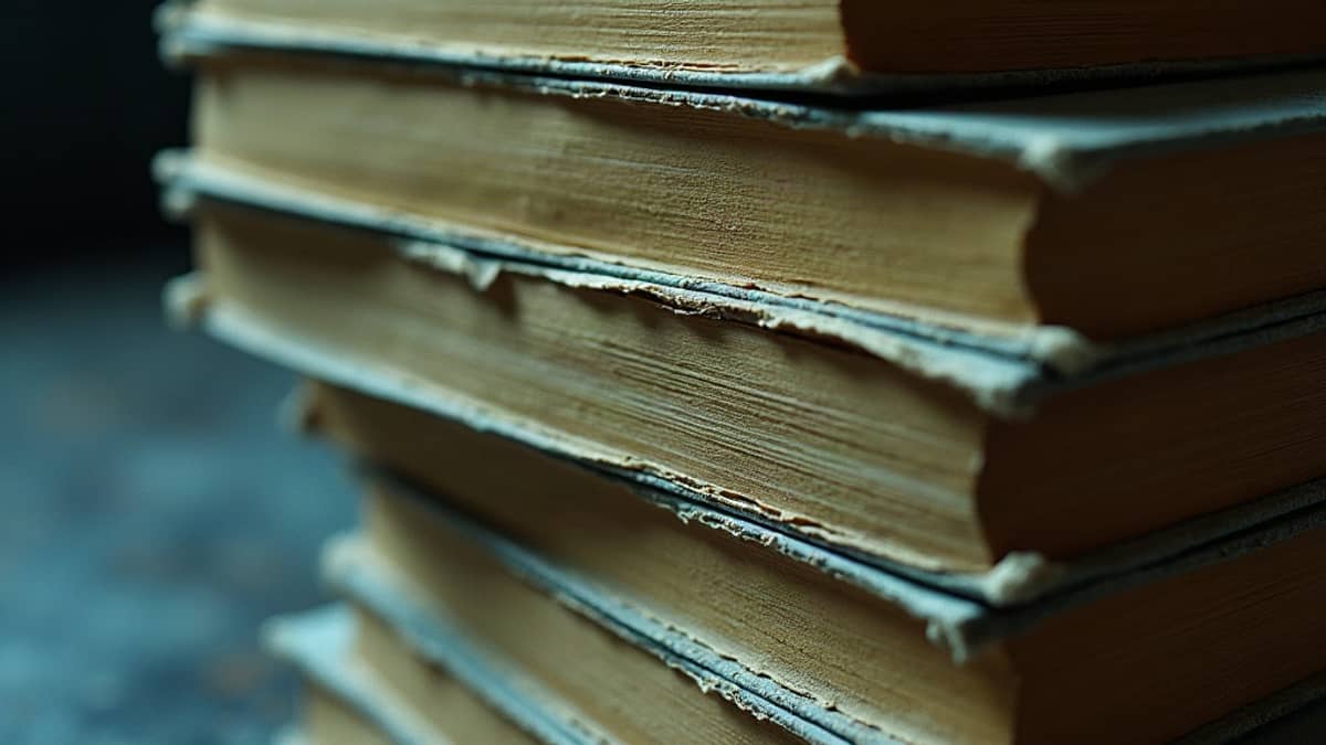 The cracked folds and yellowed edges of a leaning stack of pulp paperbacks in cold light