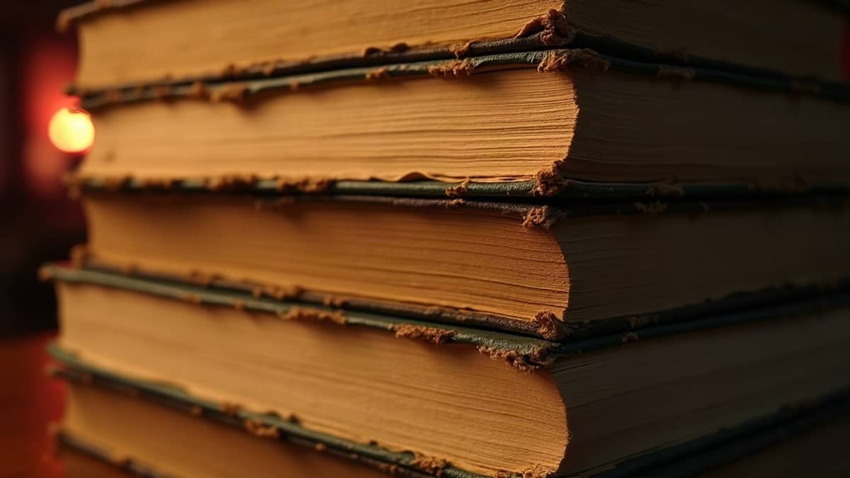 The cracked, yellowed page edges of a stack of paperbacks, lit against a red glow