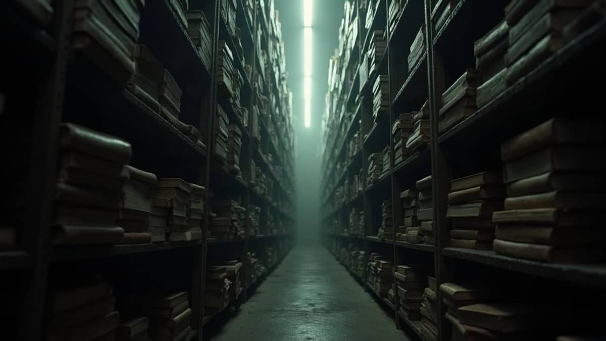 Tall warehouse shelving stacked with bundled books, lit by one dusty shaft of light