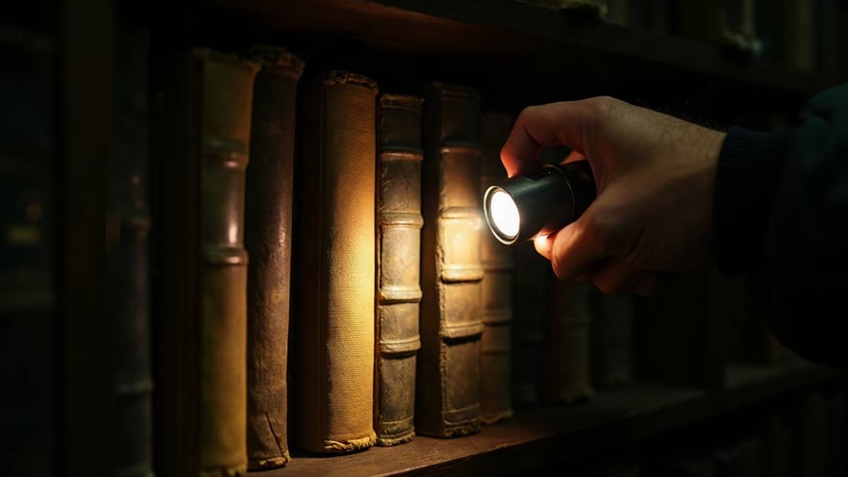 A hand playing a torch beam across worn cloth spines on a dim shelf