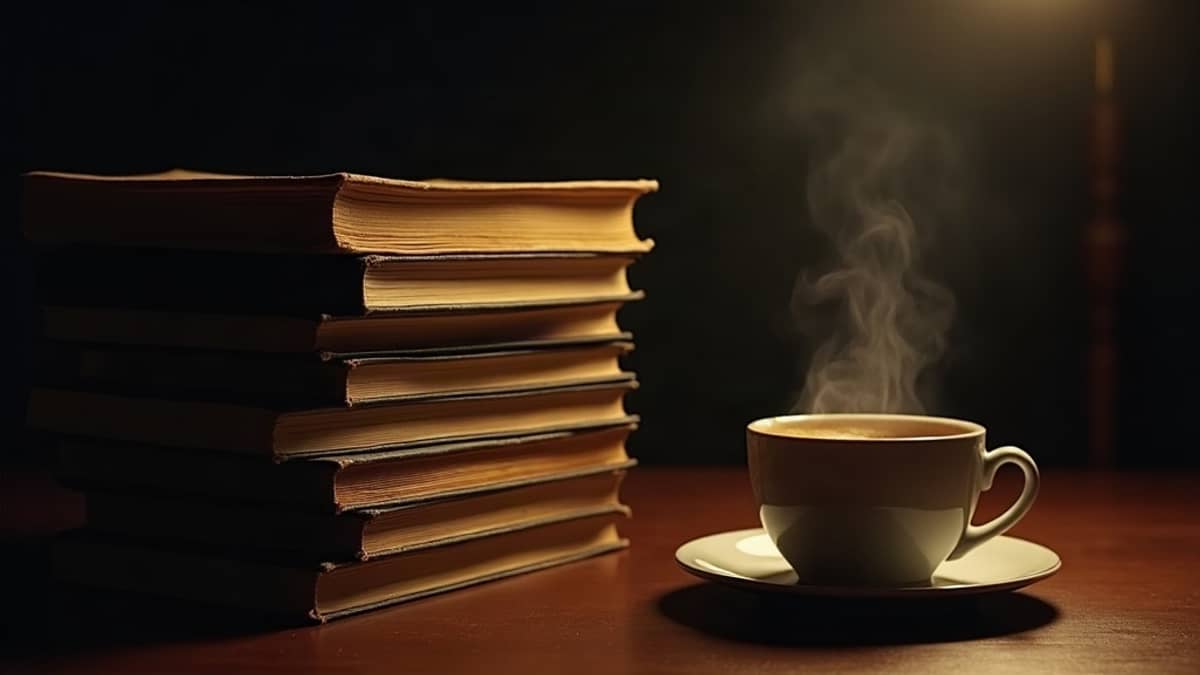 A stack of dog-eared paperbacks beside a steaming coffee cup in low lamplight