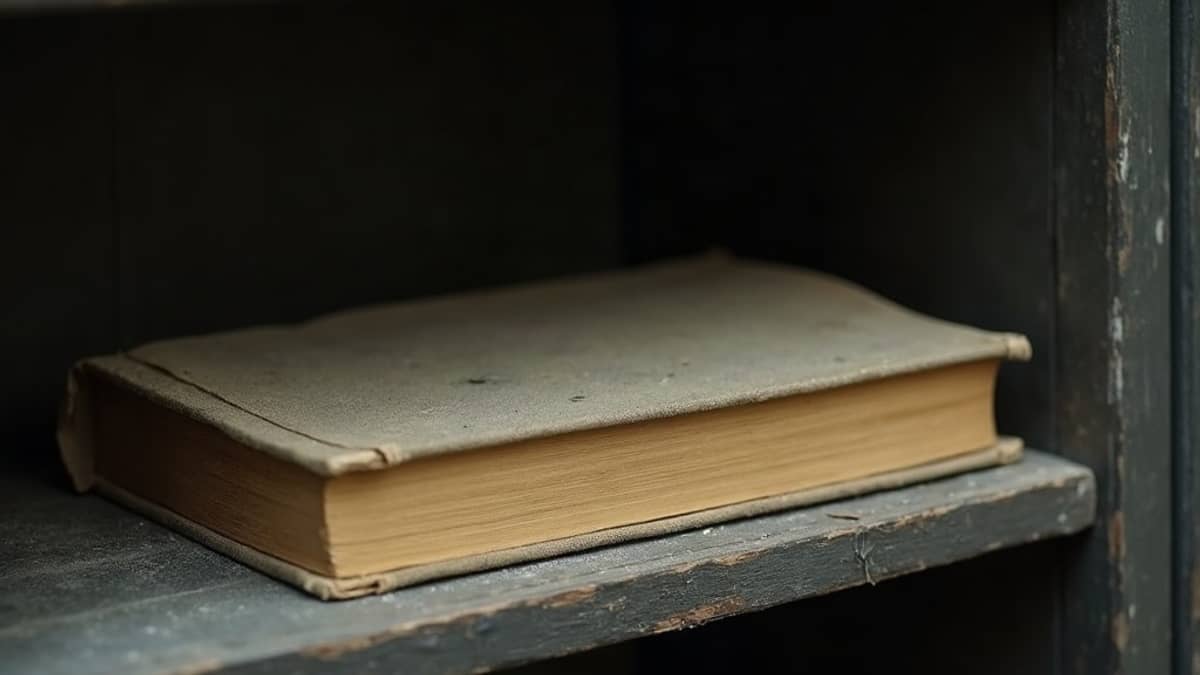 A worn hardback lying face down on an otherwise empty dusty shelf