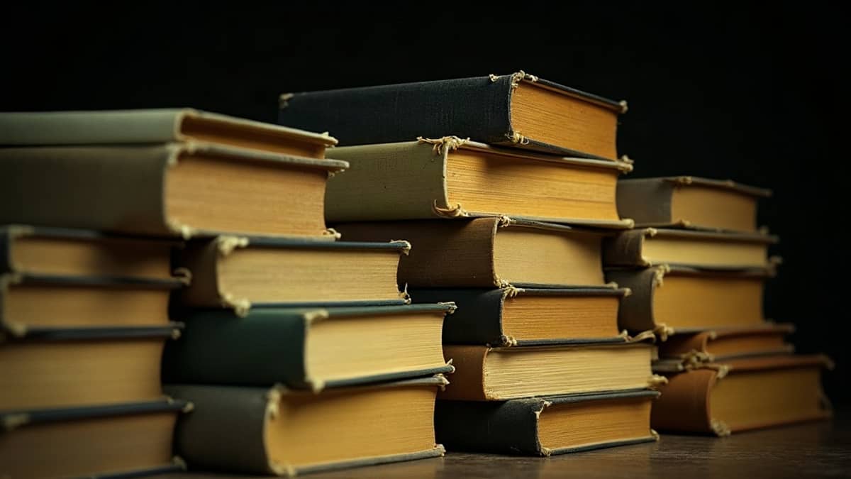 A pile of yellowed pulp paperbacks that appear to shift in a double exposure