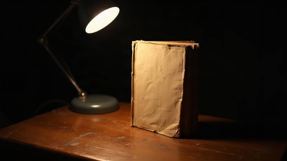 A battered paperback propped upright on a scuffed table under a desk lamp